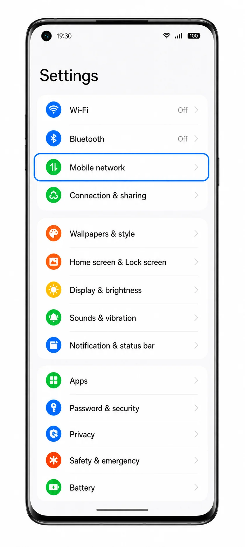 Oppo Find X5 Pro Settings screen with Mobile network highlighted for iRoamly eSIM setup Oppo Find X5 Pro Settings screen with Mobile network highlighted for iRoamly eSIM setup