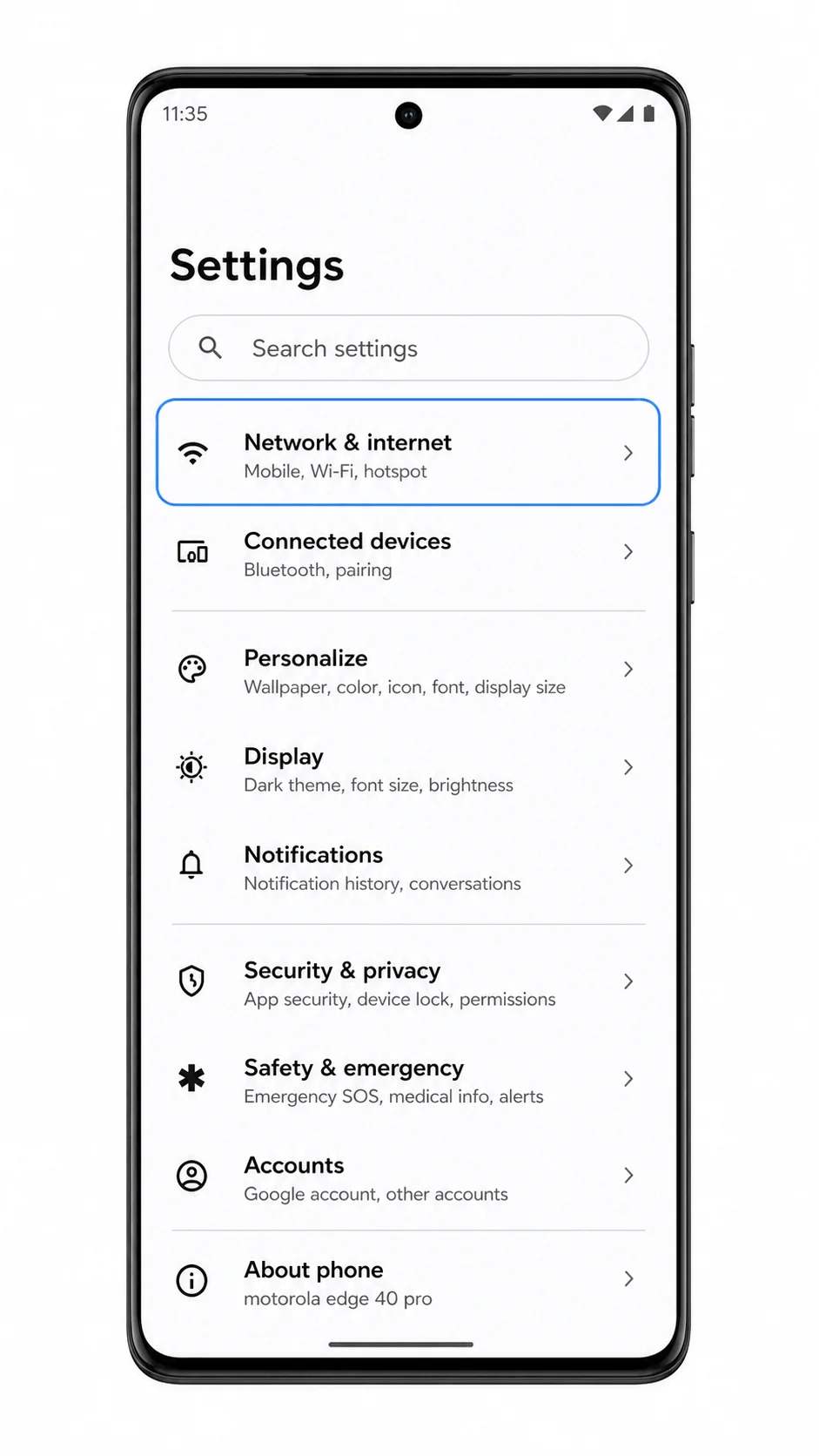 Motorola Edge 40 Pro Settings showing Network & internet highlighted for iRoamly eSIM setup