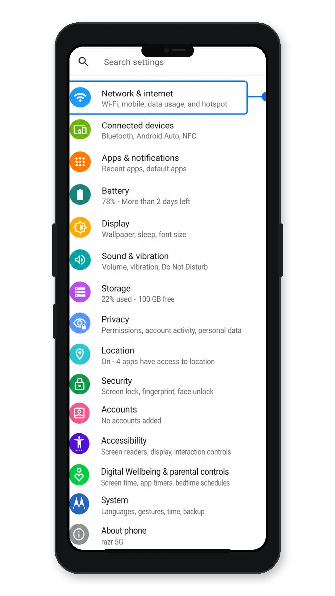 Motorola Razr 5G Settings showing Network and internet highlighted for iRoamly eSIM setup Motorola Razr 5G Settings showing Network and internet highlighted for iRoamly eSIM setup