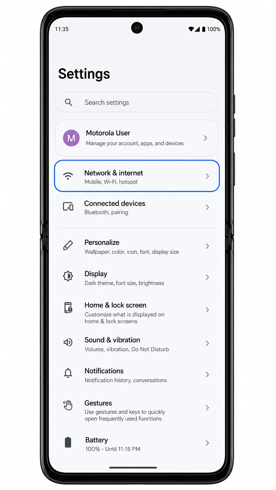 Motorola Razr+ 2025 Settings screen showing Network and internet highlighted for eSIM setup