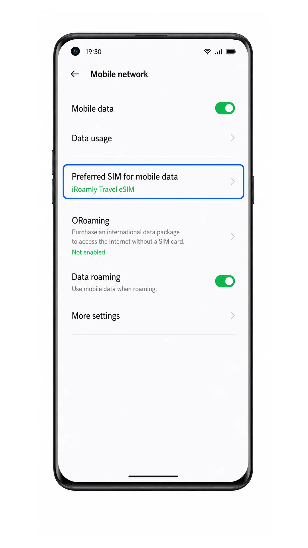 Oppo Find X3 eSIM management screen showing iRoamly Travel eSIM installed