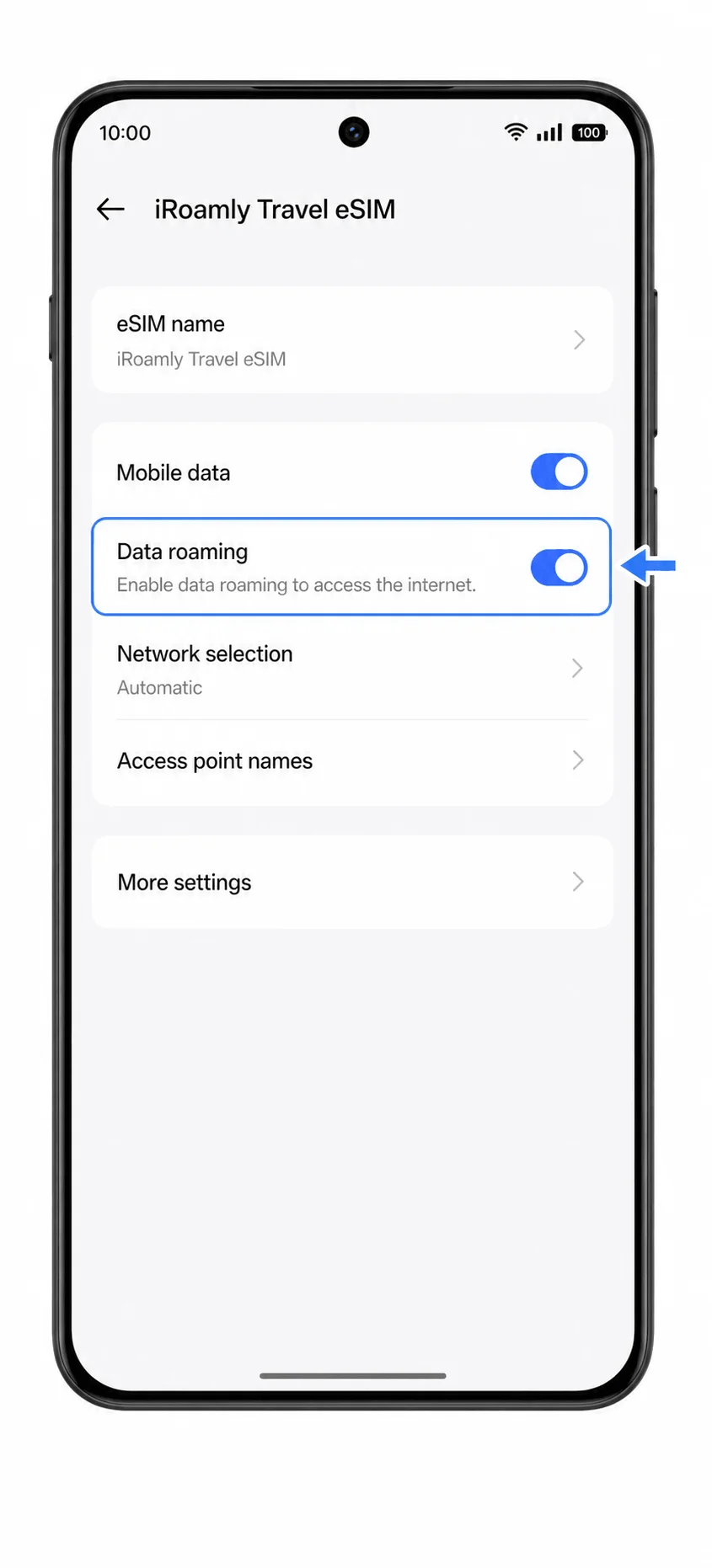 Oppo Find X8 Pro iRoamly eSIM settings showing Data roaming toggle highlighted Oppo Find X8 Pro iRoamly eSIM settings showing Data roaming toggle highlighted