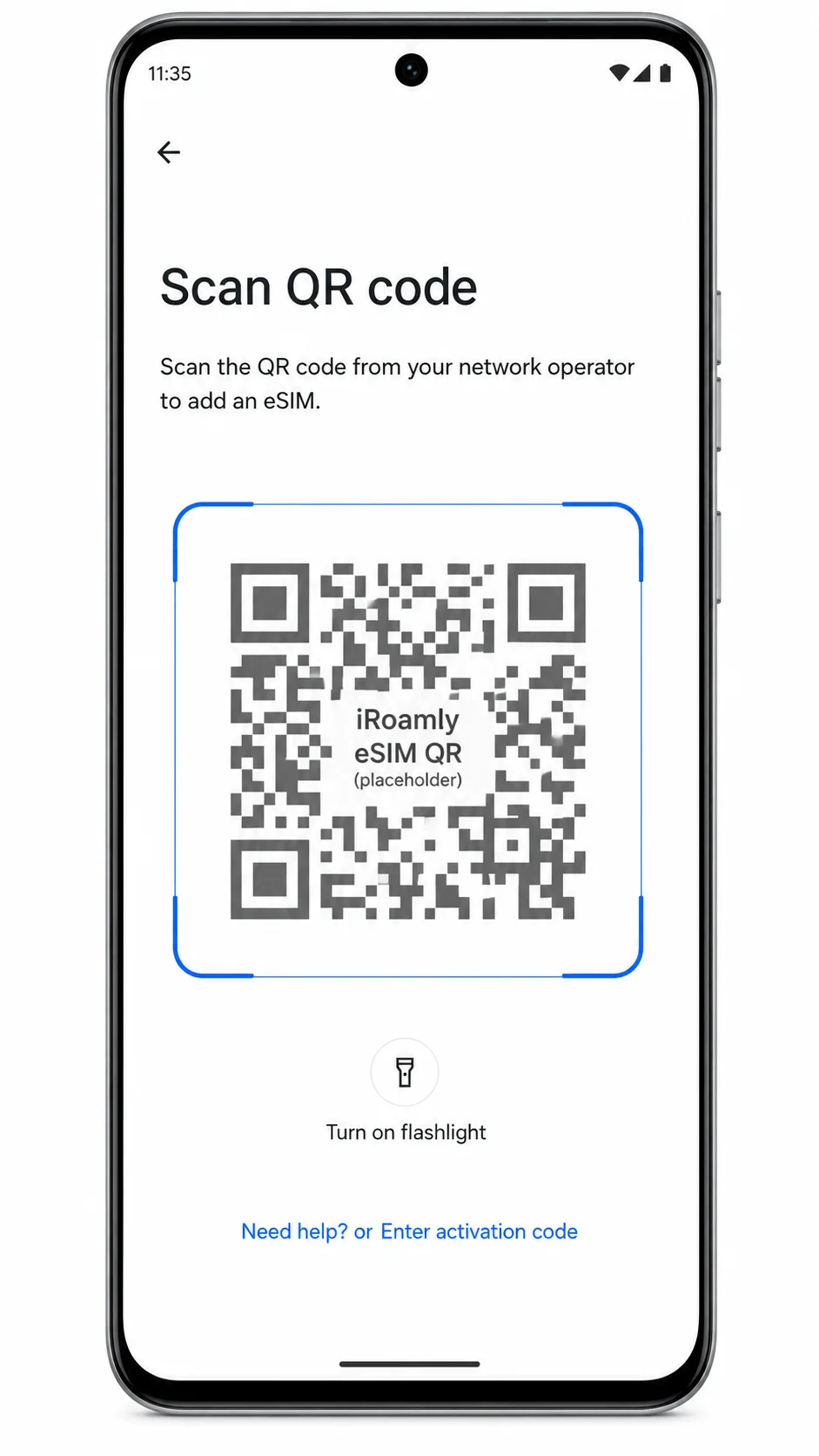 Schermata scanner QR Motorola Edge 2022 per l'installazione di una eSIM da viaggio iroamly