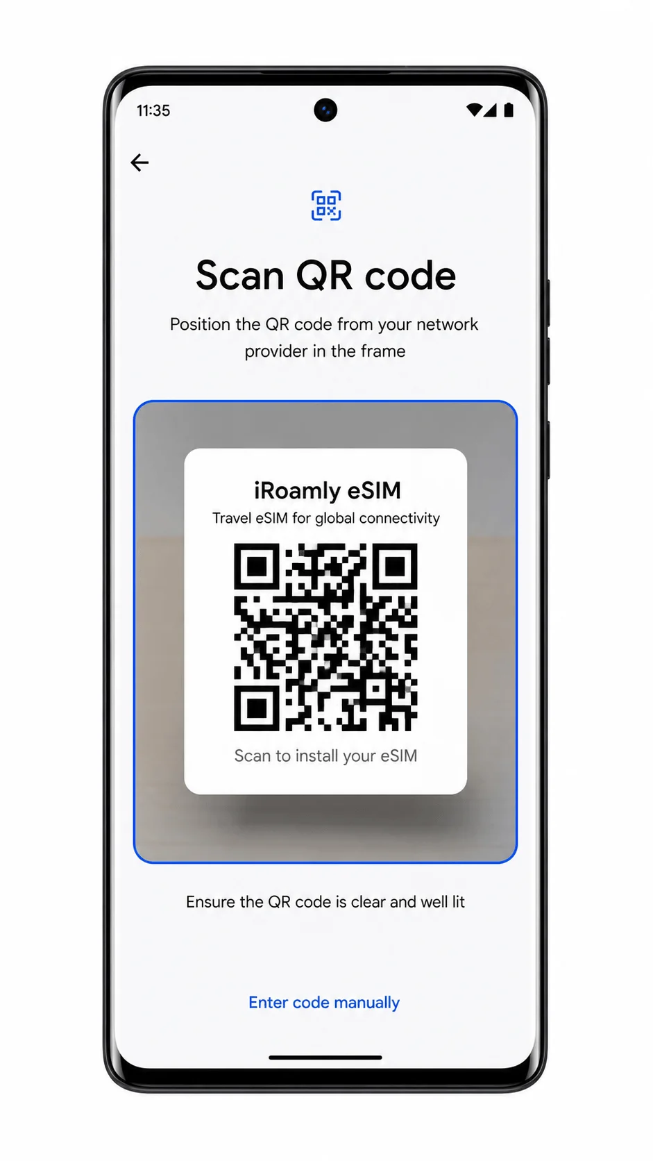 Schermata scanner codice QR Motorola Edge 40 per l'attivazione eSIM iRoamly Schermata scanner codice QR Motorola Edge 40 per l'attivazione eSIM iRoamly