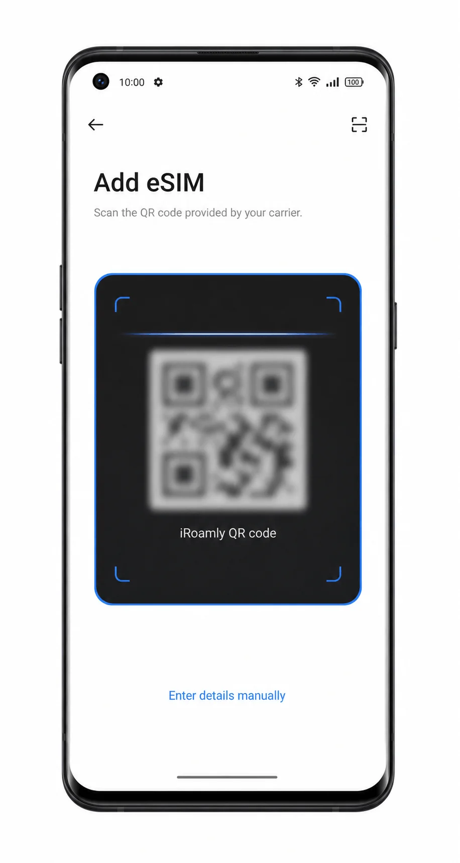 Oppo Find X3 Pro Add eSIM screen showing QR scanner for iRoamly eSIM Oppo Find X3 Pro Add eSIM screen showing QR scanner for iRoamly eSIM