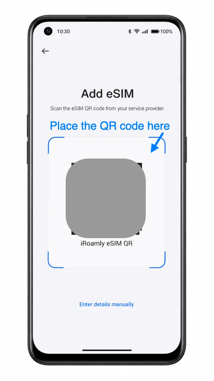 Oppo Find X5 Add eSIM QR scanner for iRoamly travel eSIM