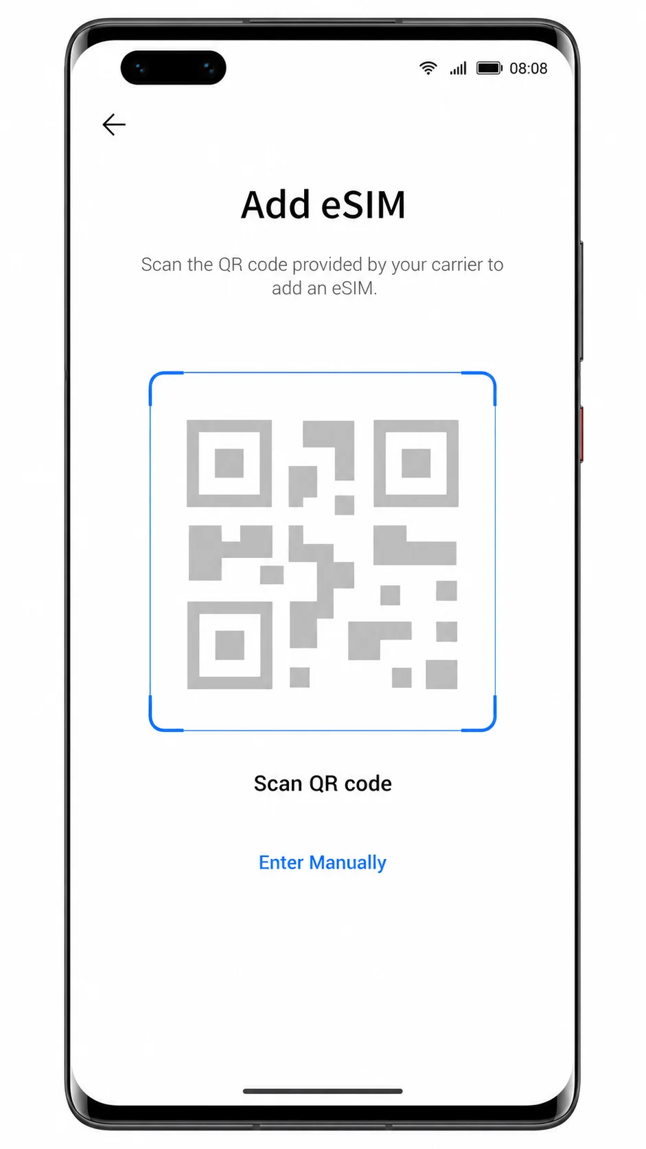 Huawei Mate 40 Pro Add eSIM QR scanner screen for iRoamly travel eSIM Huawei Mate 40 Pro Add eSIM QR scanner screen for iRoamly travel eSIM