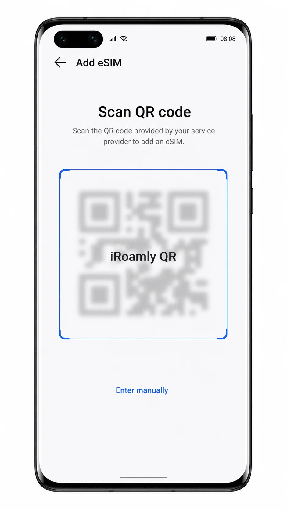 Huawei P40 Pro Add eSIM screen scanning an iRoamly QR code Huawei P40 Pro Add eSIM screen scanning an iRoamly QR code