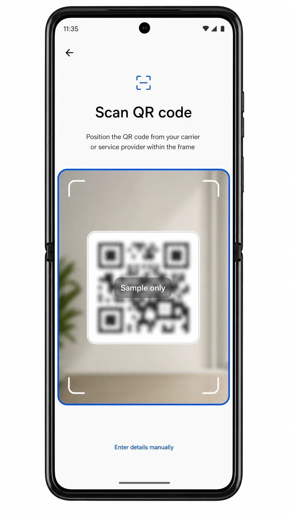 Motorola Razr 2025 eSIM QR scanner with safe placeholder QR code Motorola Razr 2025 eSIM QR scanner with safe placeholder QR code
