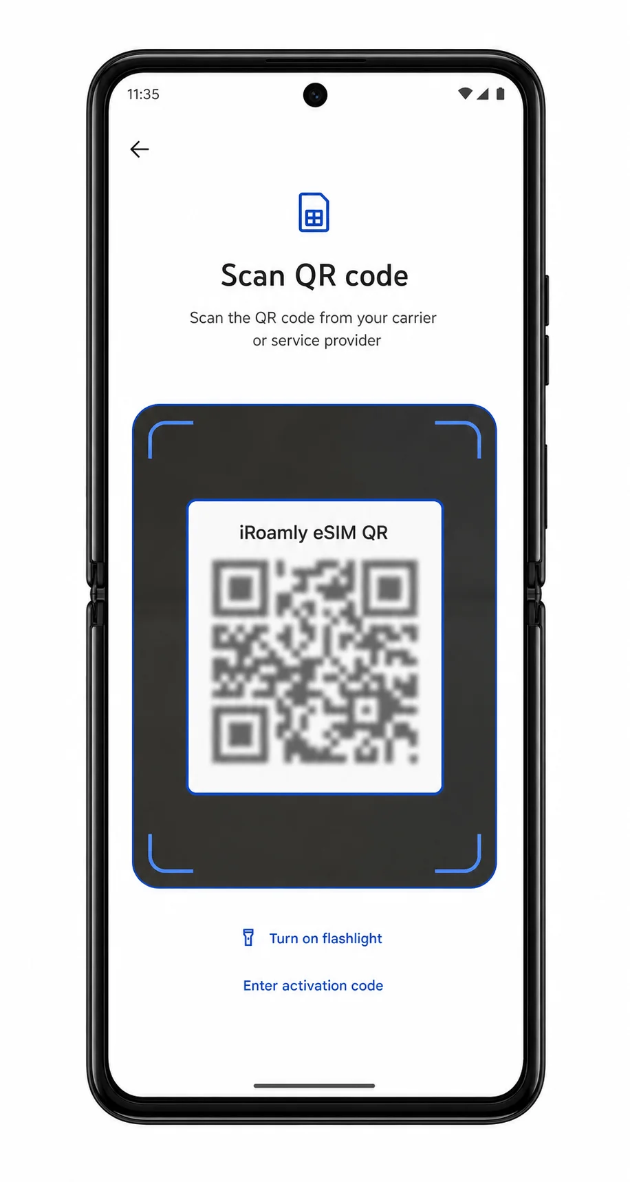 Motorola Razr+ 2025 eSIM setup screen showing scan QR code highlighted
