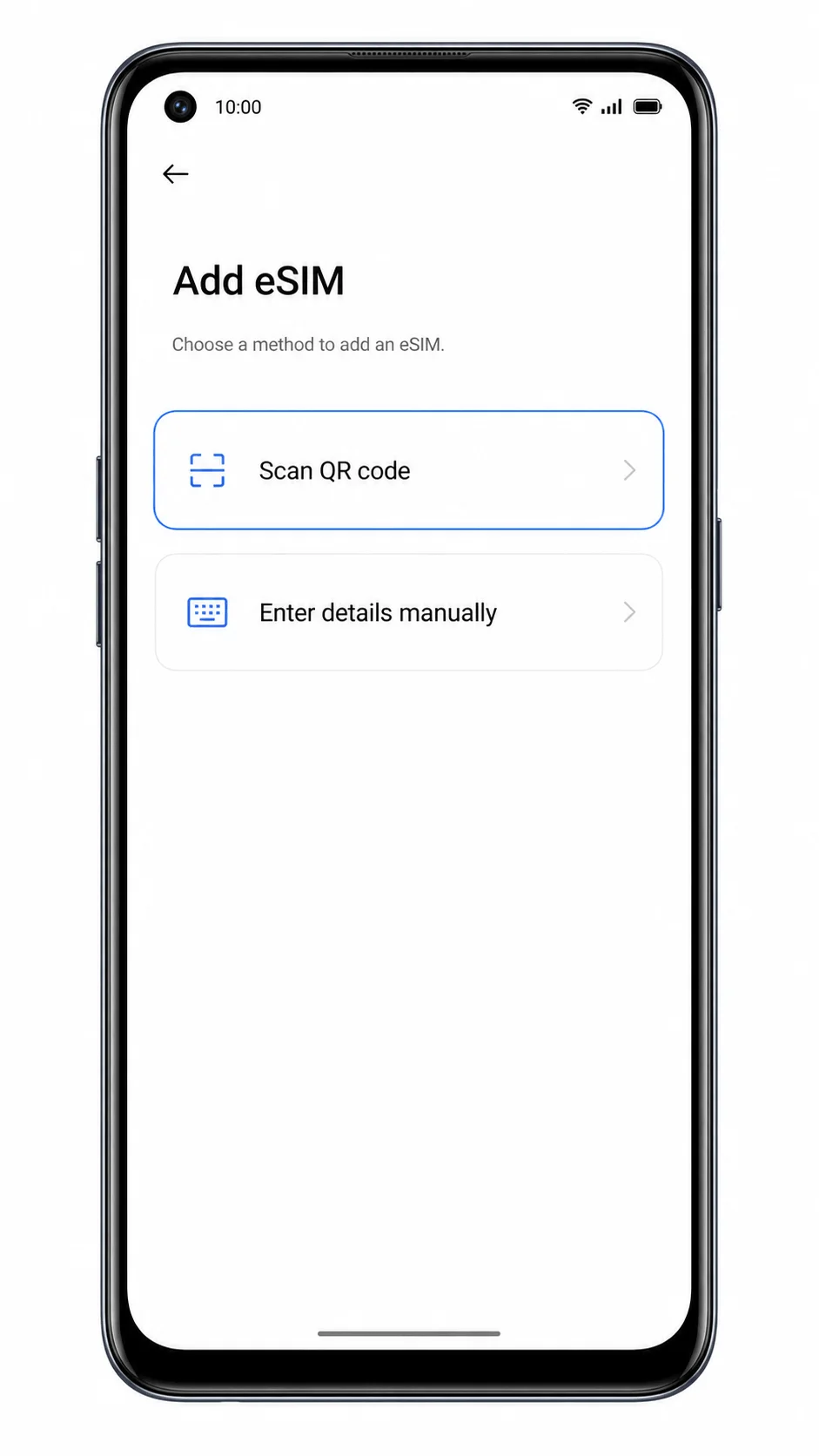 Oppo Reno 5A Add eSIM screen showing Scan QR code