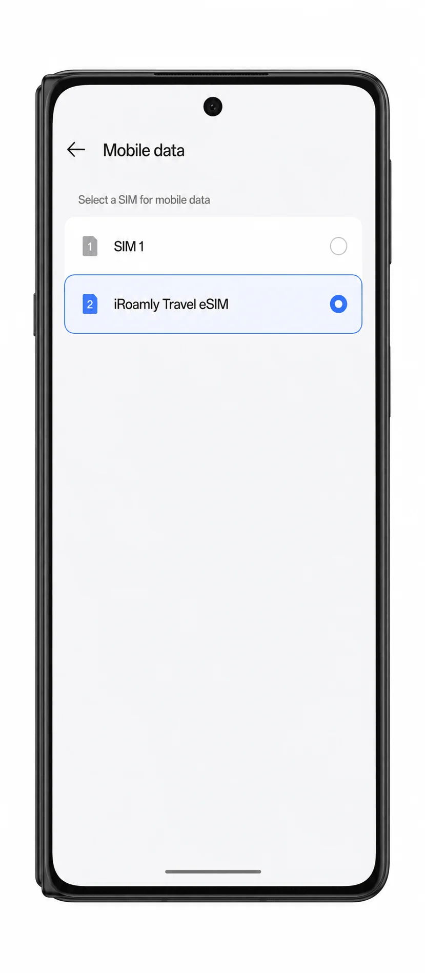 Oppo Find N5 Mobile data selection screen showing iRoamly eSIM selected