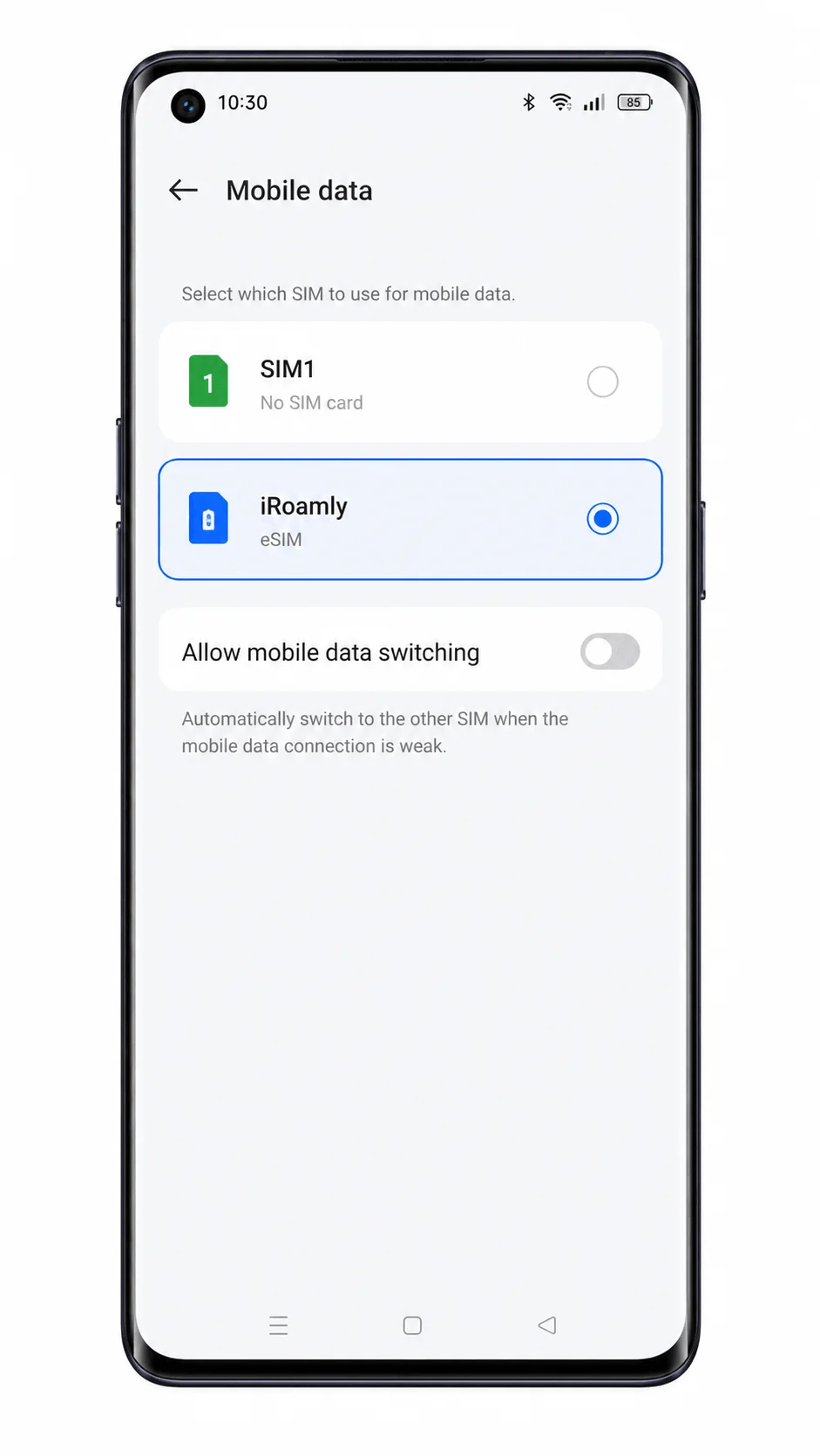 Oppo Reno 6 Pro 5G mobile data selection screen with iRoamly selected Oppo Reno 6 Pro 5G mobile data selection screen with iRoamly selected