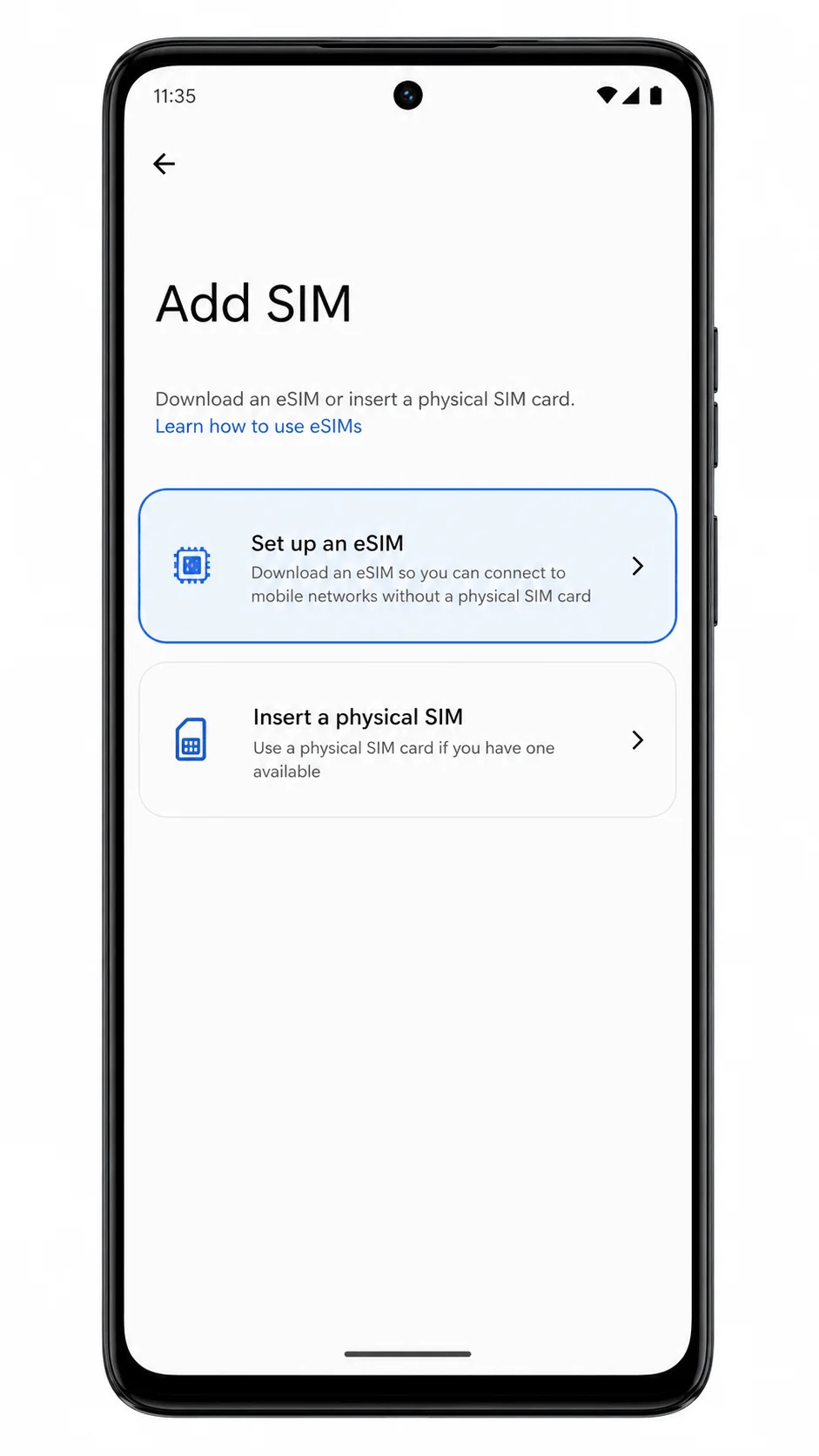 Schermata Aggiungi SIM Motorola Edge 2022 con Configura una eSIM evidenziato