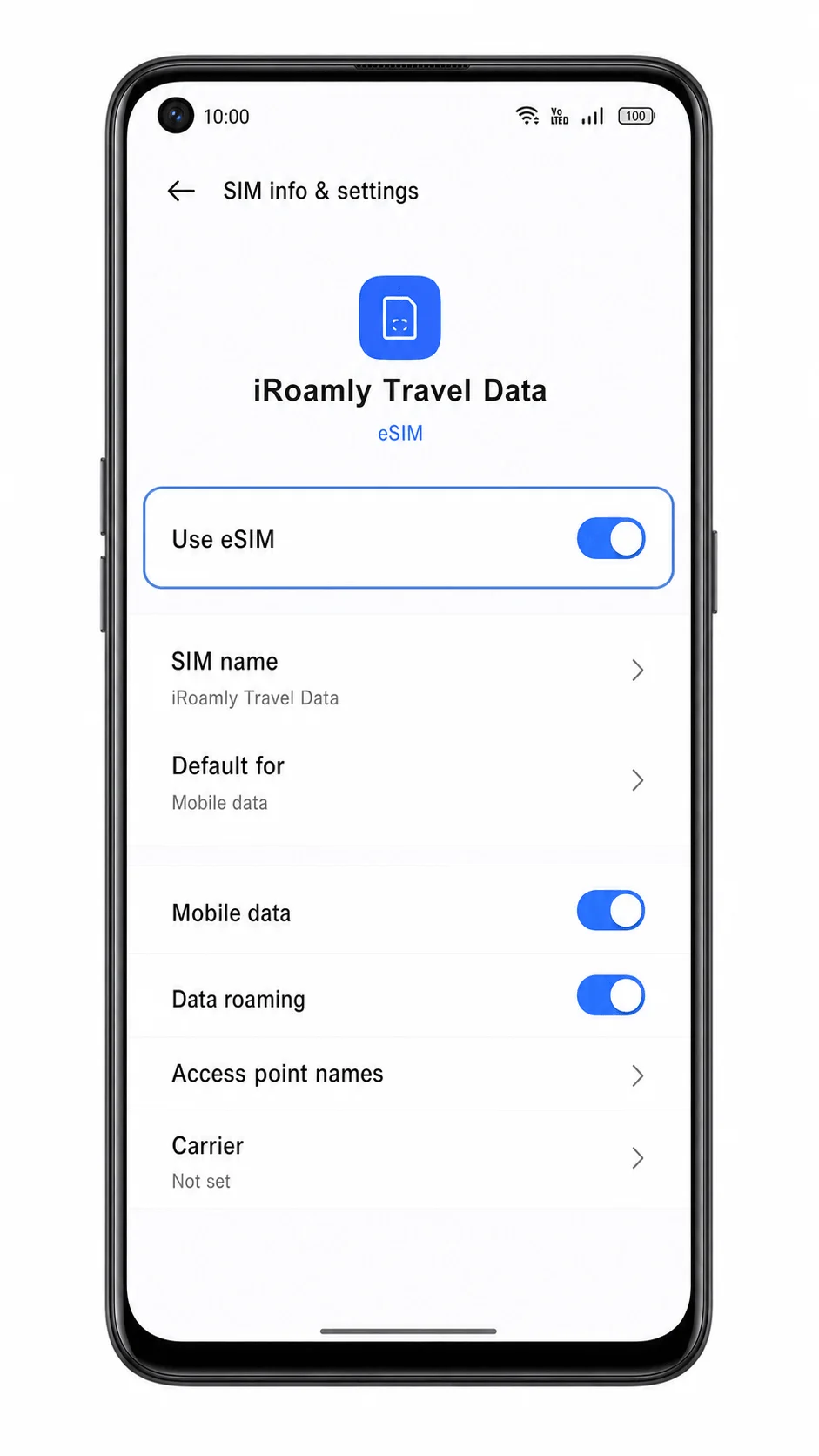 Oppo Reno 5A iRoamly eSIM profile screen showing enabled toggle