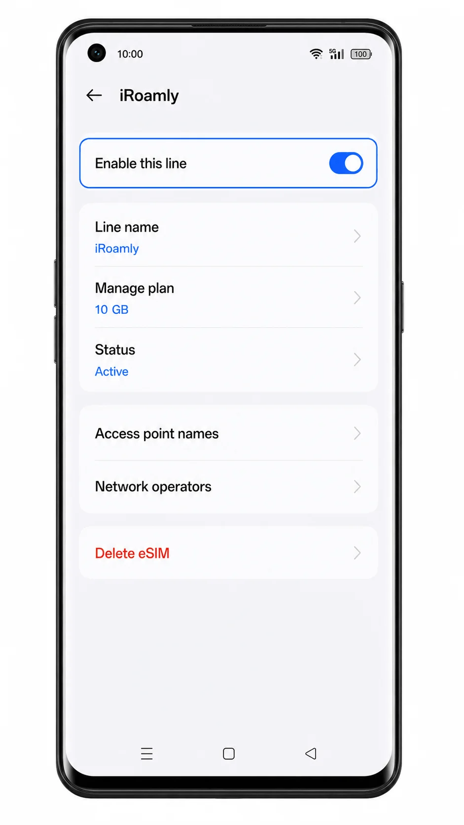 Oppo Reno 6 Pro 5G iRoamly eSIM detail screen showing line enabled Oppo Reno 6 Pro 5G iRoamly eSIM detail screen showing line enabled