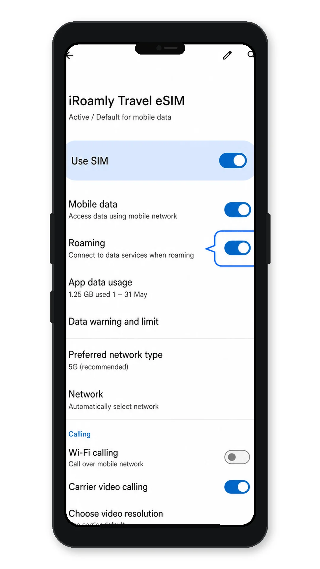 Motorola Razr 5G iRoamly Travel eSIM settings showing roaming and data controls Motorola Razr 5G iRoamly Travel eSIM settings showing roaming and data controls