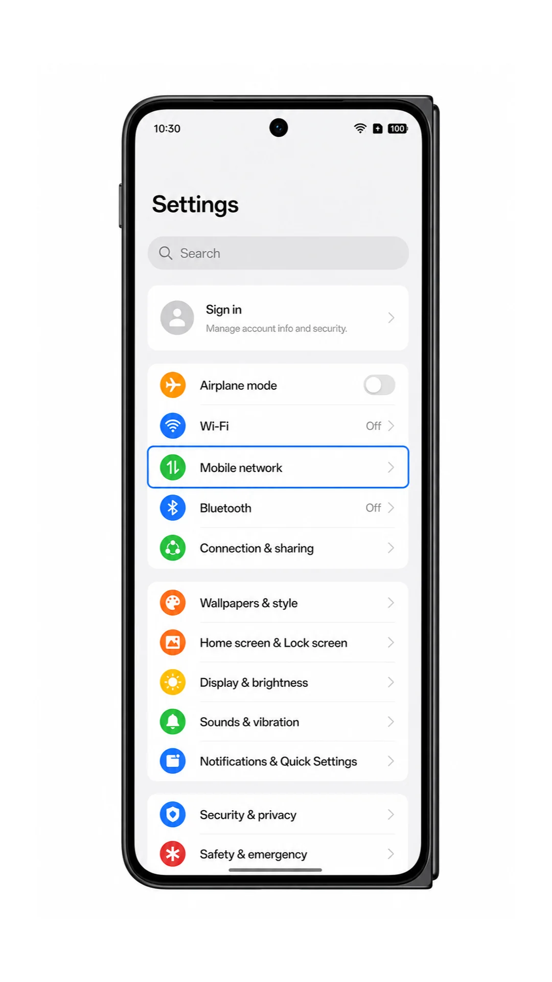 Huawei P40 Pro Settings screen with Mobile network highlighted for iRoamly eSIM setup