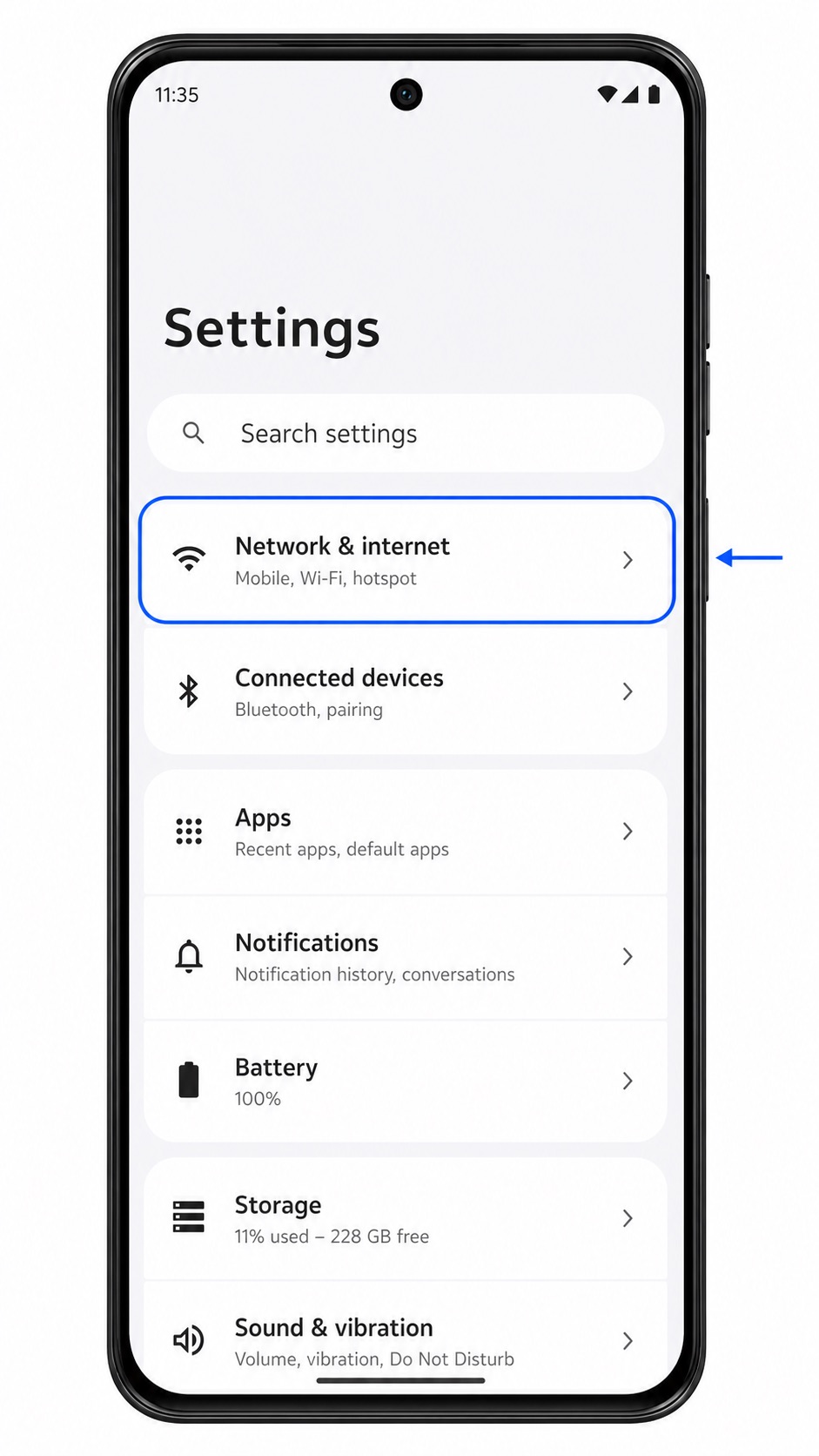 Motorola ThinkPhone 25 Settings screen with Network & internet highlighted for iRoamly eSIM setup