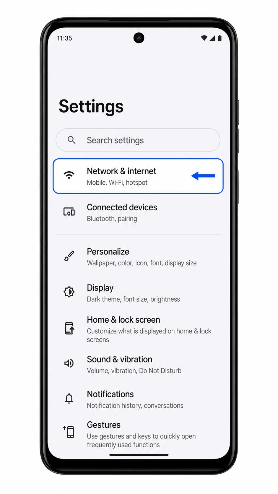 Moto G54 Power Step 1: Settings showing Network & internet highlighted