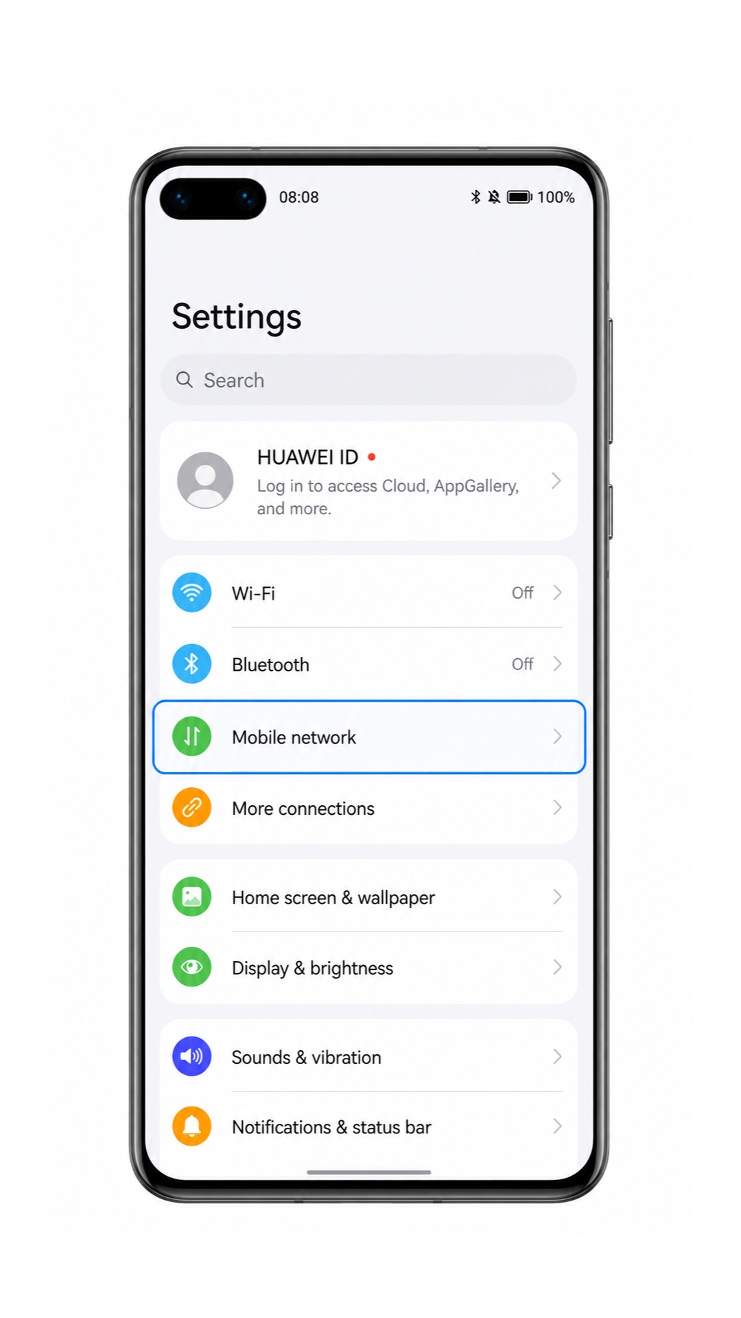 Huawei P40 Settings screen with Mobile network highlighted for iRoamly eSIM setup