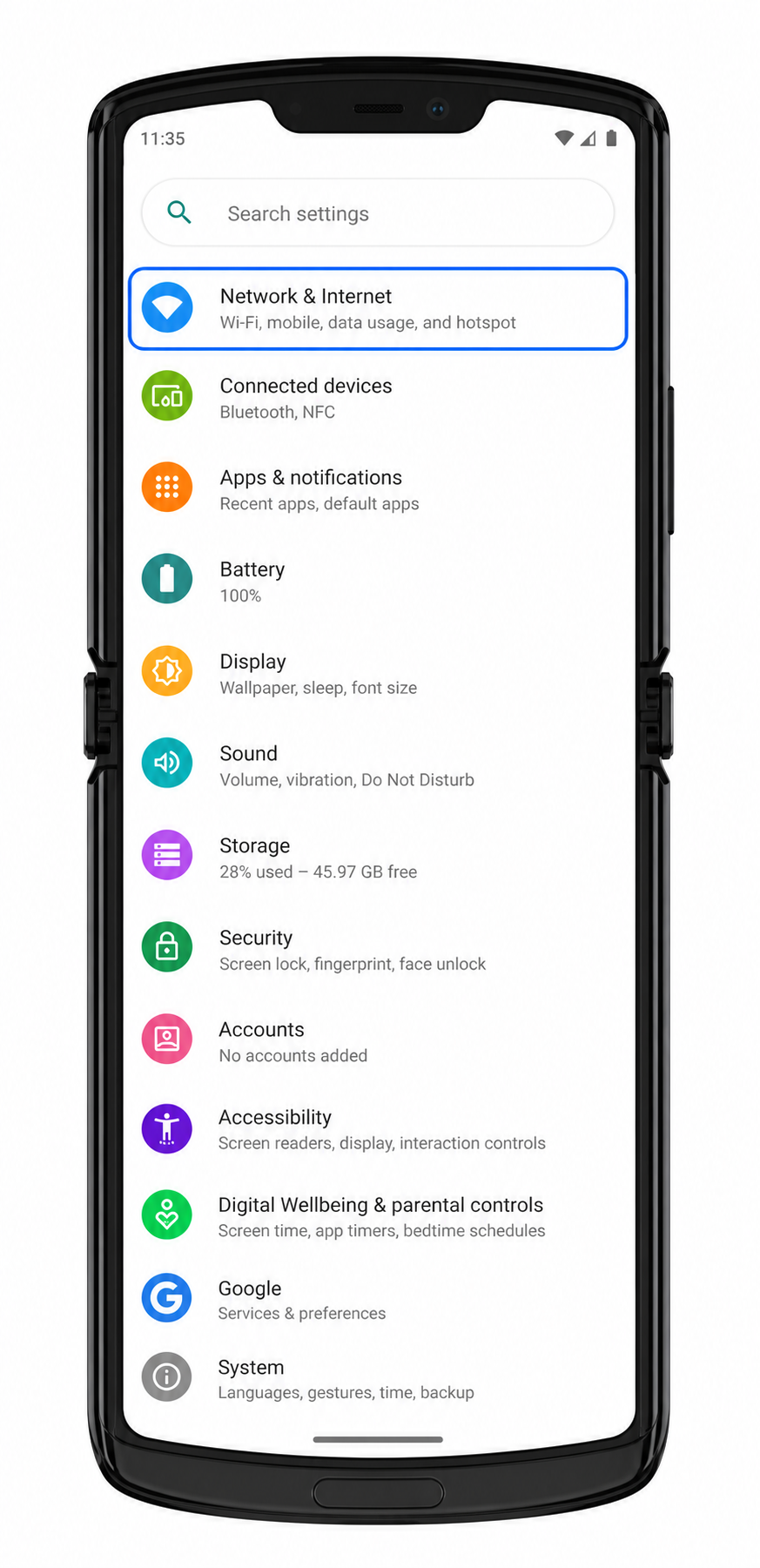 Motorola Razr 2019 Step 1: Network & Internet highlighted for iRoamly eSIM setup