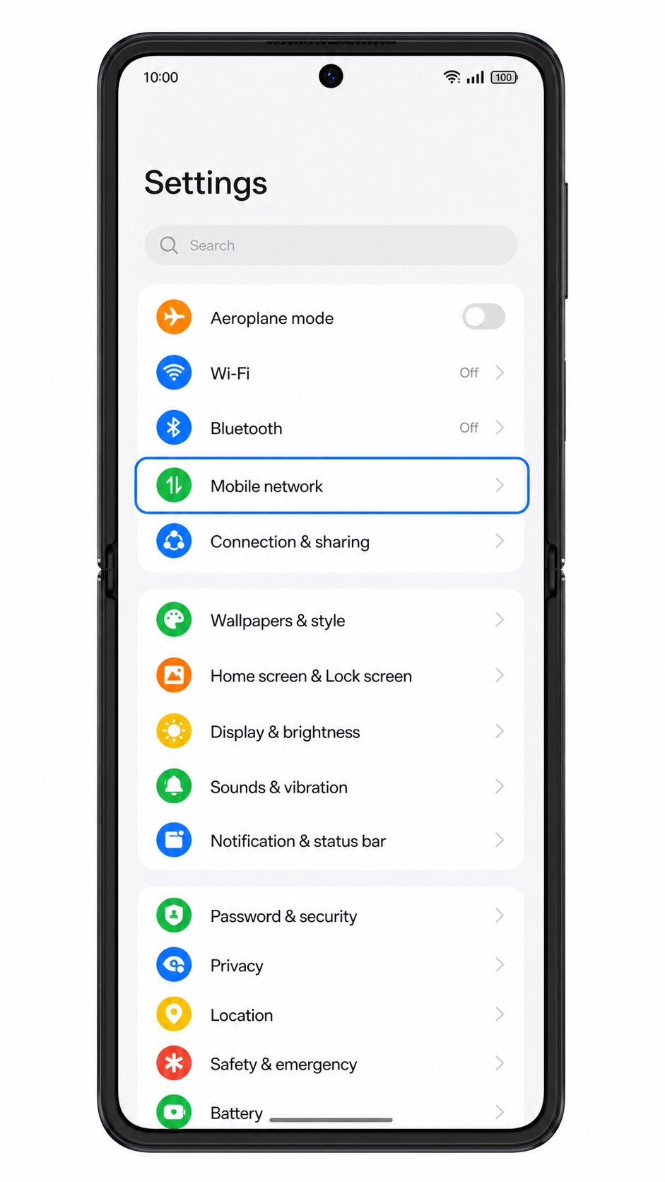 Oppo Find N2 Flip Settings screen showing Mobile network highlighted for eSIM setup