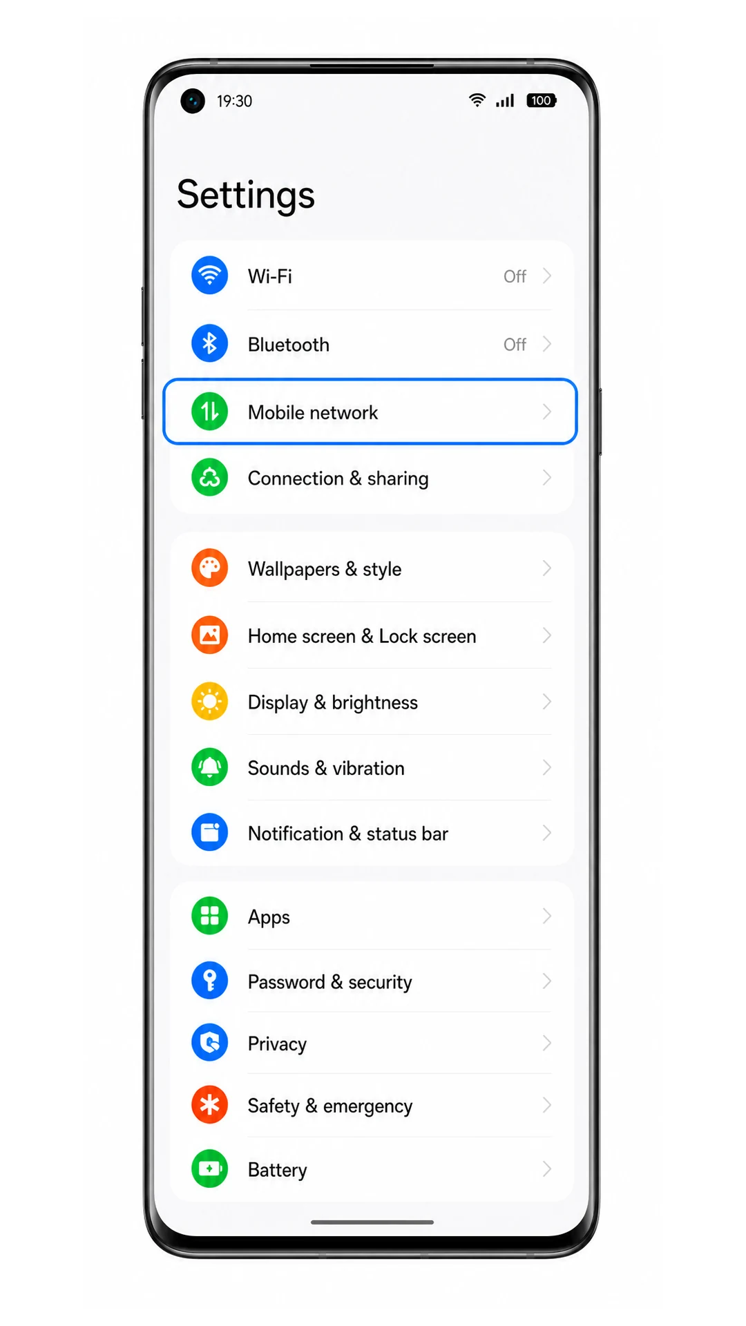 Huawei Mate 40 Pro Settings screen with Mobile network highlighted for iRoamly eSIM setup