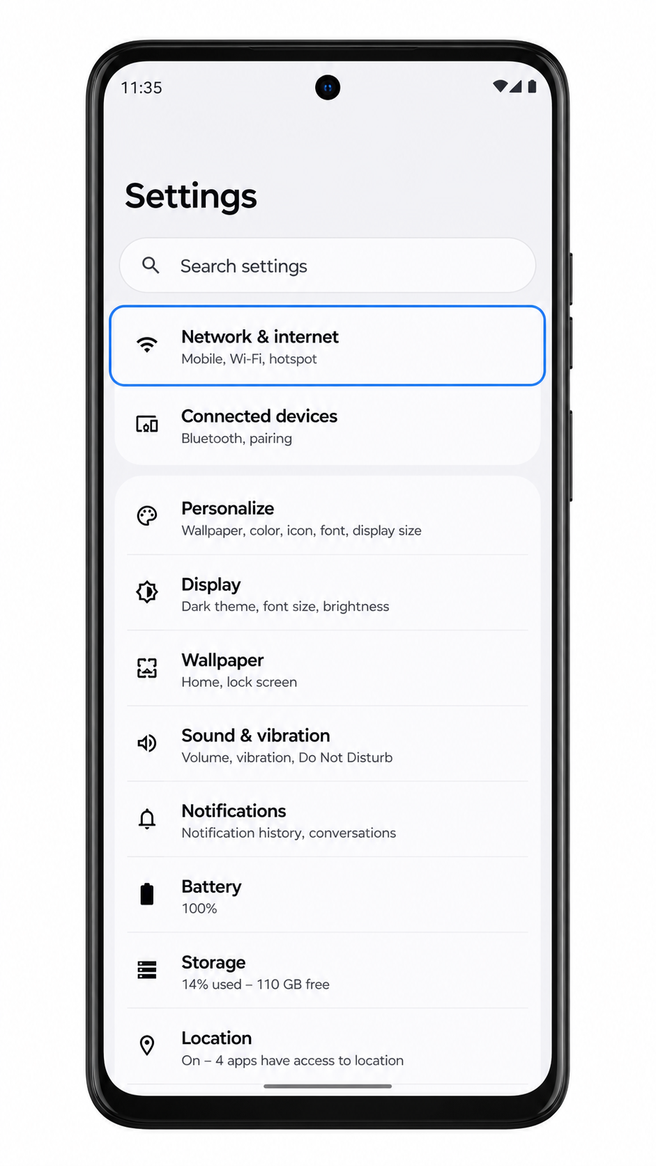 Moto G Power (2024) Settings screen with Network & internet highlighted