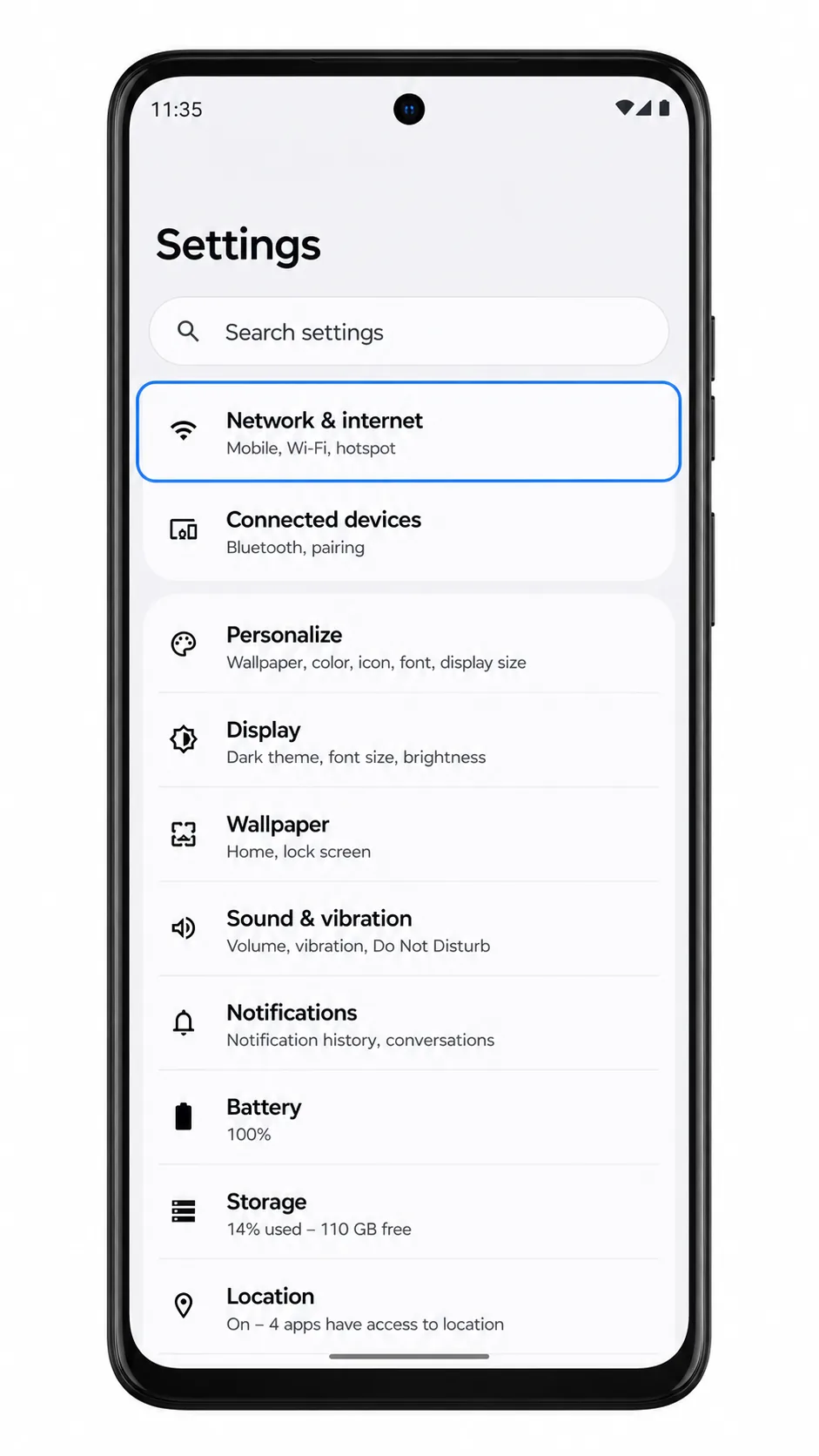 Moto G55 Settings screen with Network and internet highlighted for iRoamly eSIM setup Moto G55 Settings screen with Network and internet highlighted for iRoamly eSIM setup