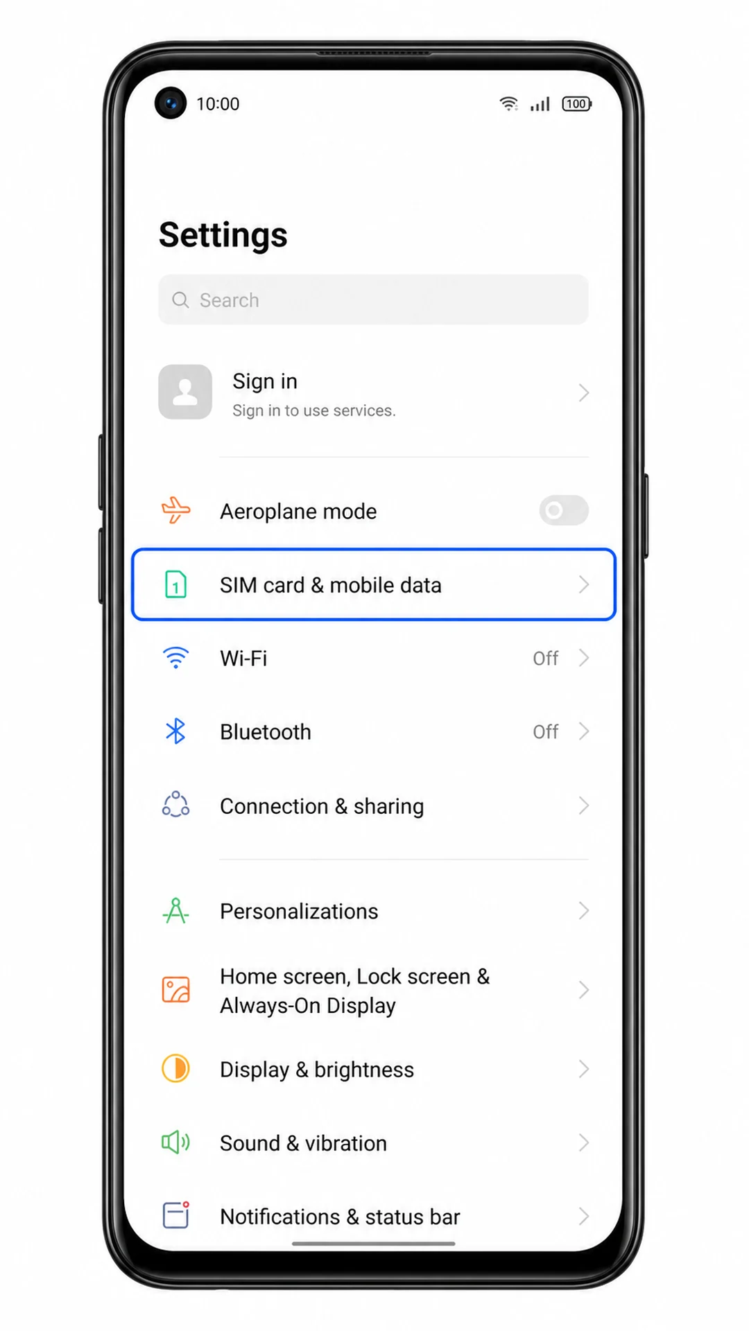 Oppo Reno 5A Settings showing SIM card and mobile data for eSIM setup