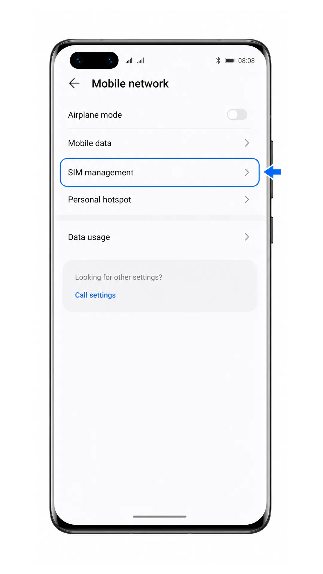 Huawei P40 Pro Mobile network screen with SIM management highlighted Huawei P40 Pro Mobile network screen with SIM management highlighted
