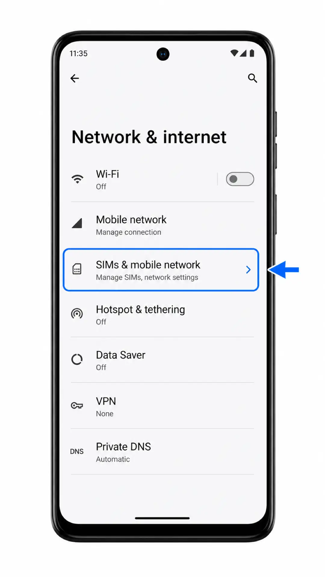 Moto G54 Power Step 2: Network & internet showing SIMs & mobile network highlighted