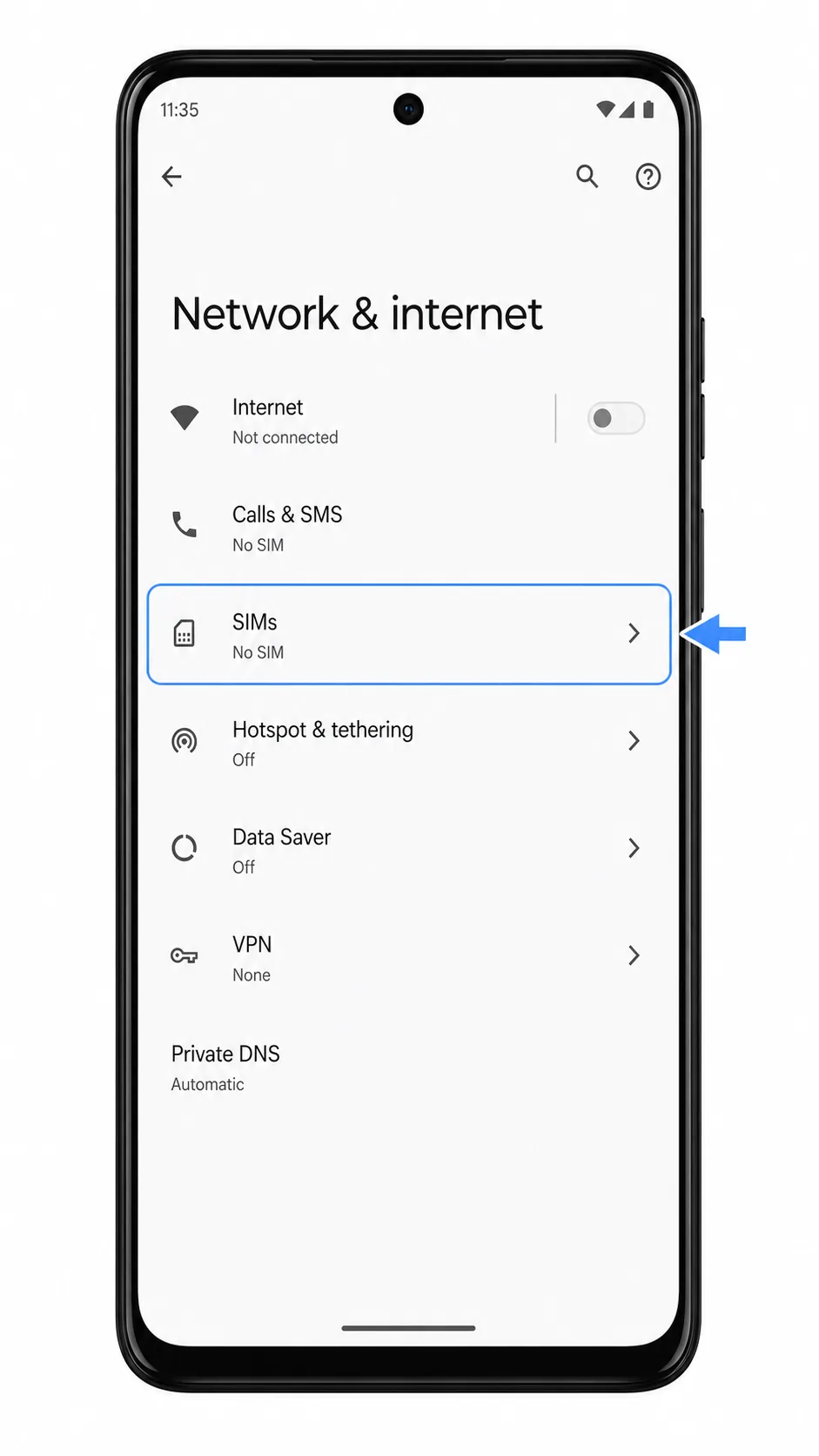Moto G75 Network and internet screen highlighting SIMs for eSIM setup