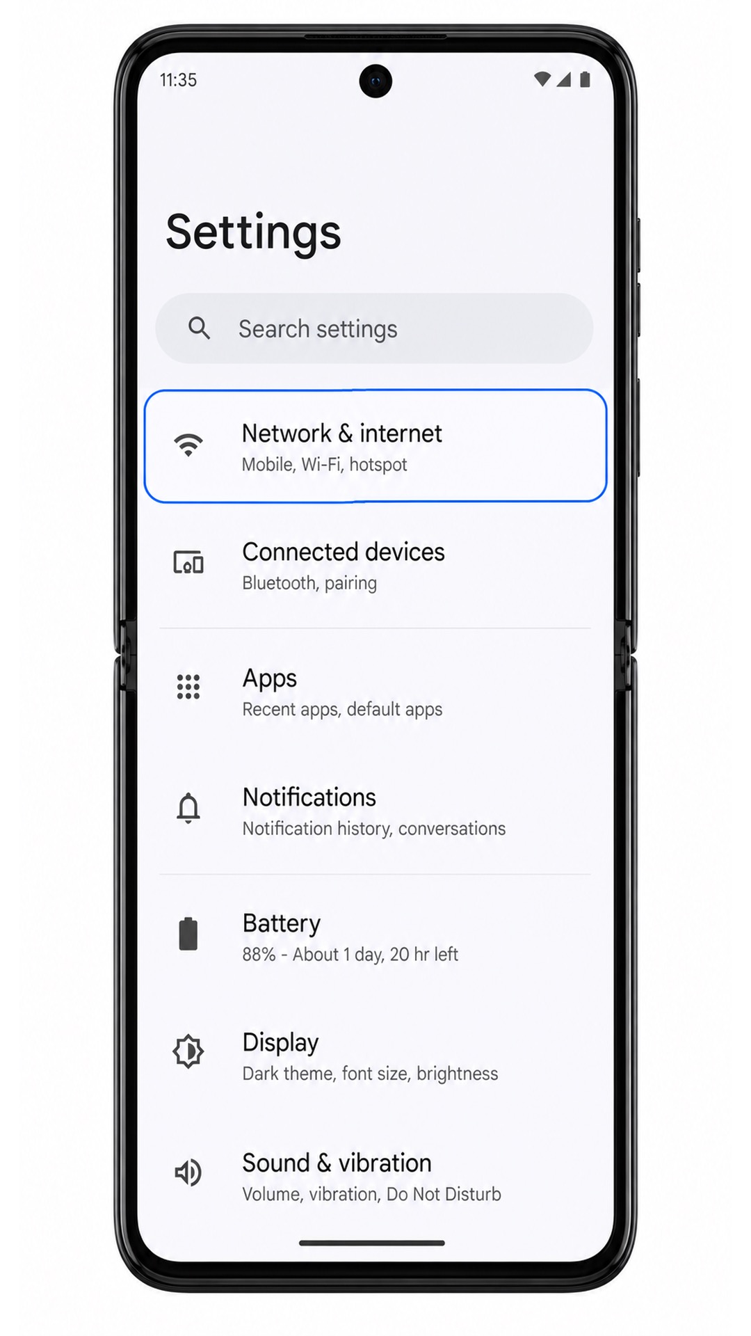 Motorola Razr 2022 Step 2: Network and internet menu highlighted