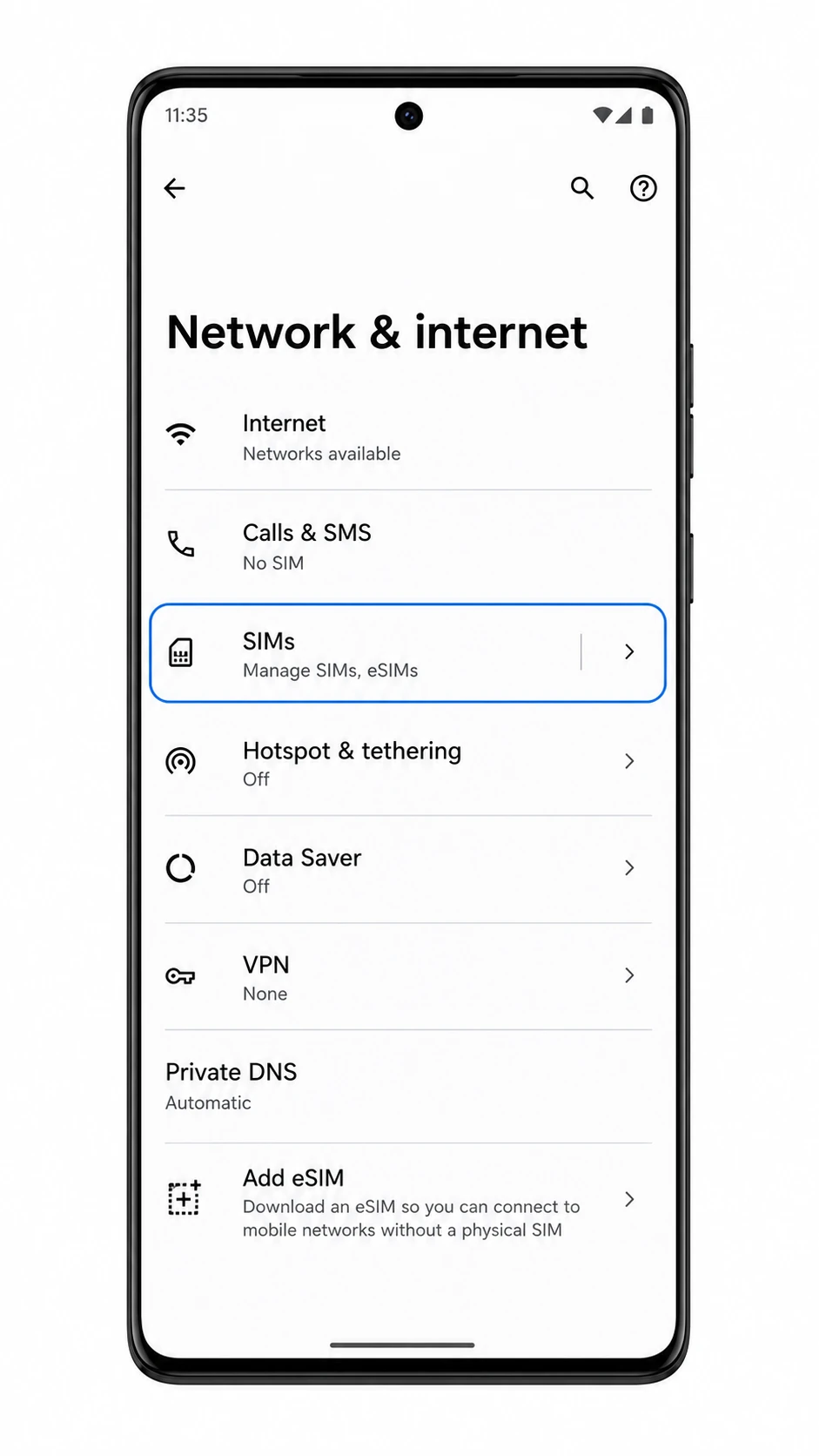 Motorola Edge 40 Pro Network & internet screen showing SIMs and Add eSIM for iRoamly setup