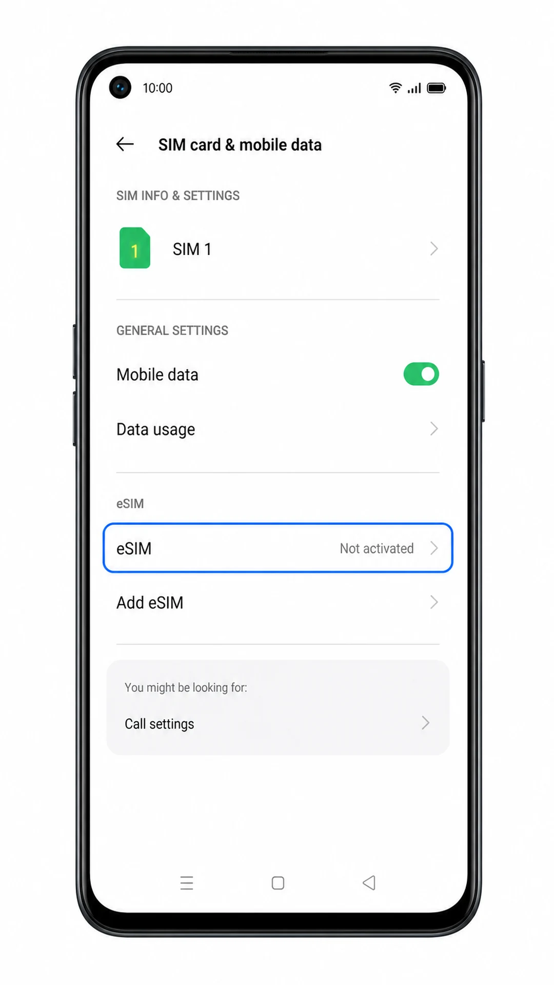 Oppo Reno 5A SIM card and mobile data screen showing eSIM