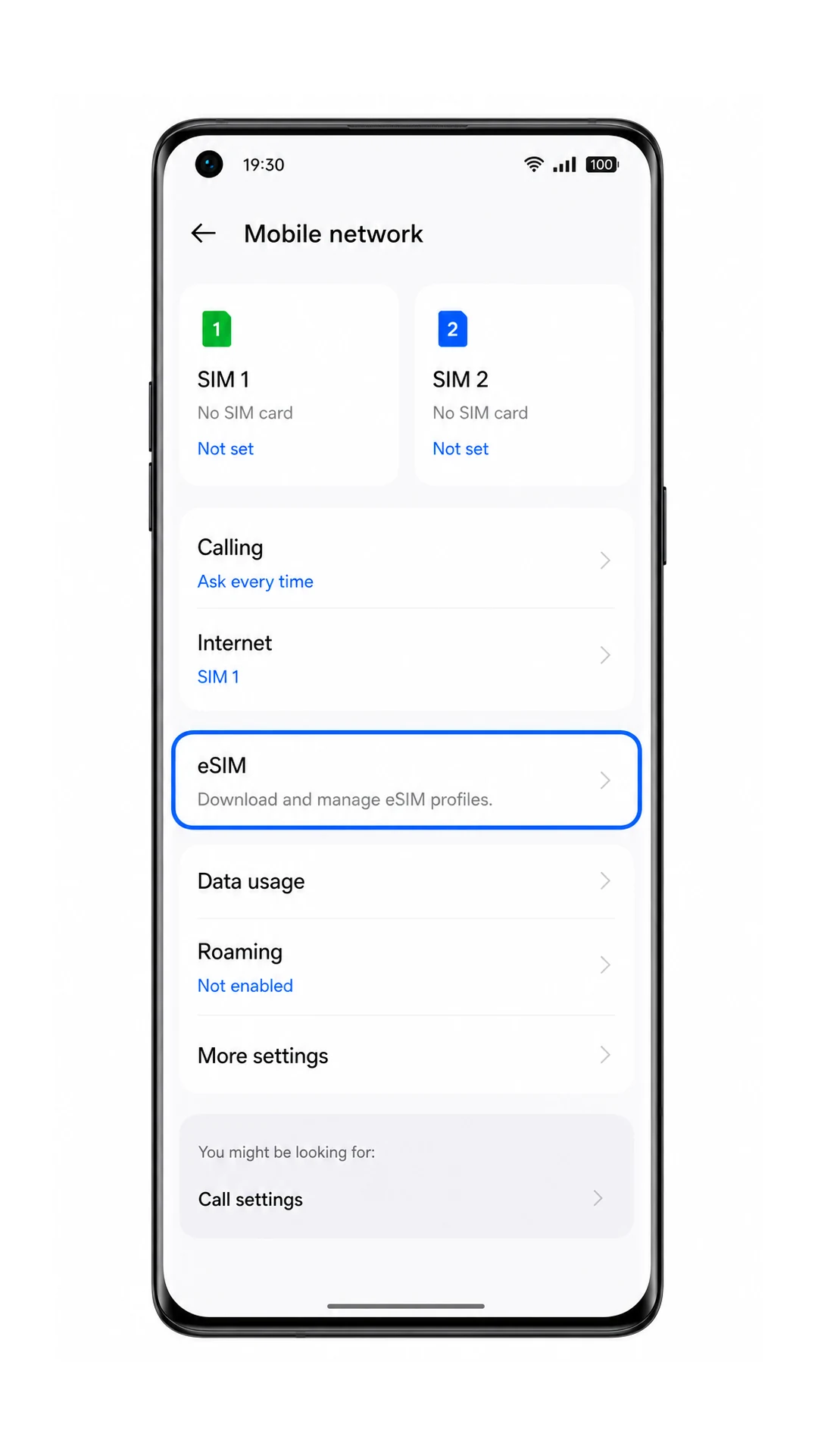 Oppo Find X5 Pro Mobile network screen with eSIM highlighted
