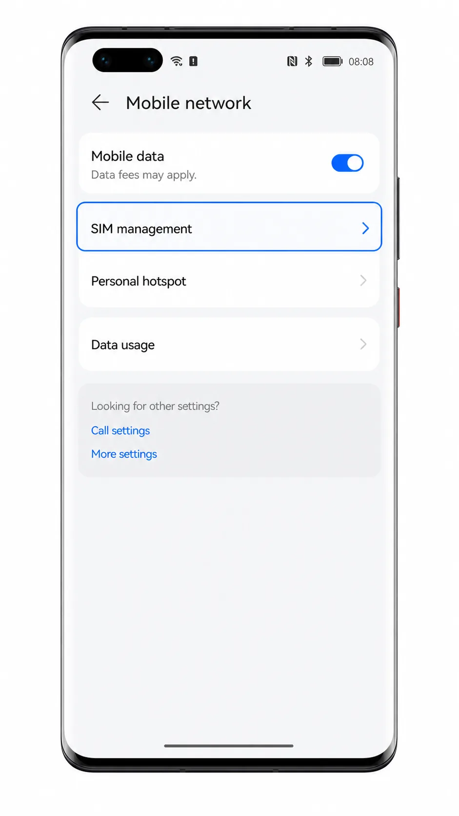 Huawei Mate 40 Pro Mobile network screen with SIM management highlighted for iRoamly eSIM setup