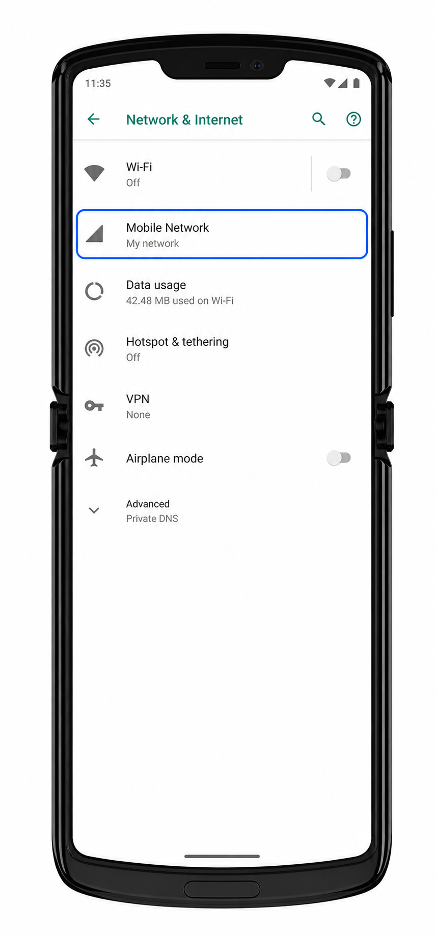 Motorola Razr 2019 Step 2: Mobile Network highlighted in Android network settings Motorola Razr 2019 Step 2: Mobile Network highlighted in Android network settings