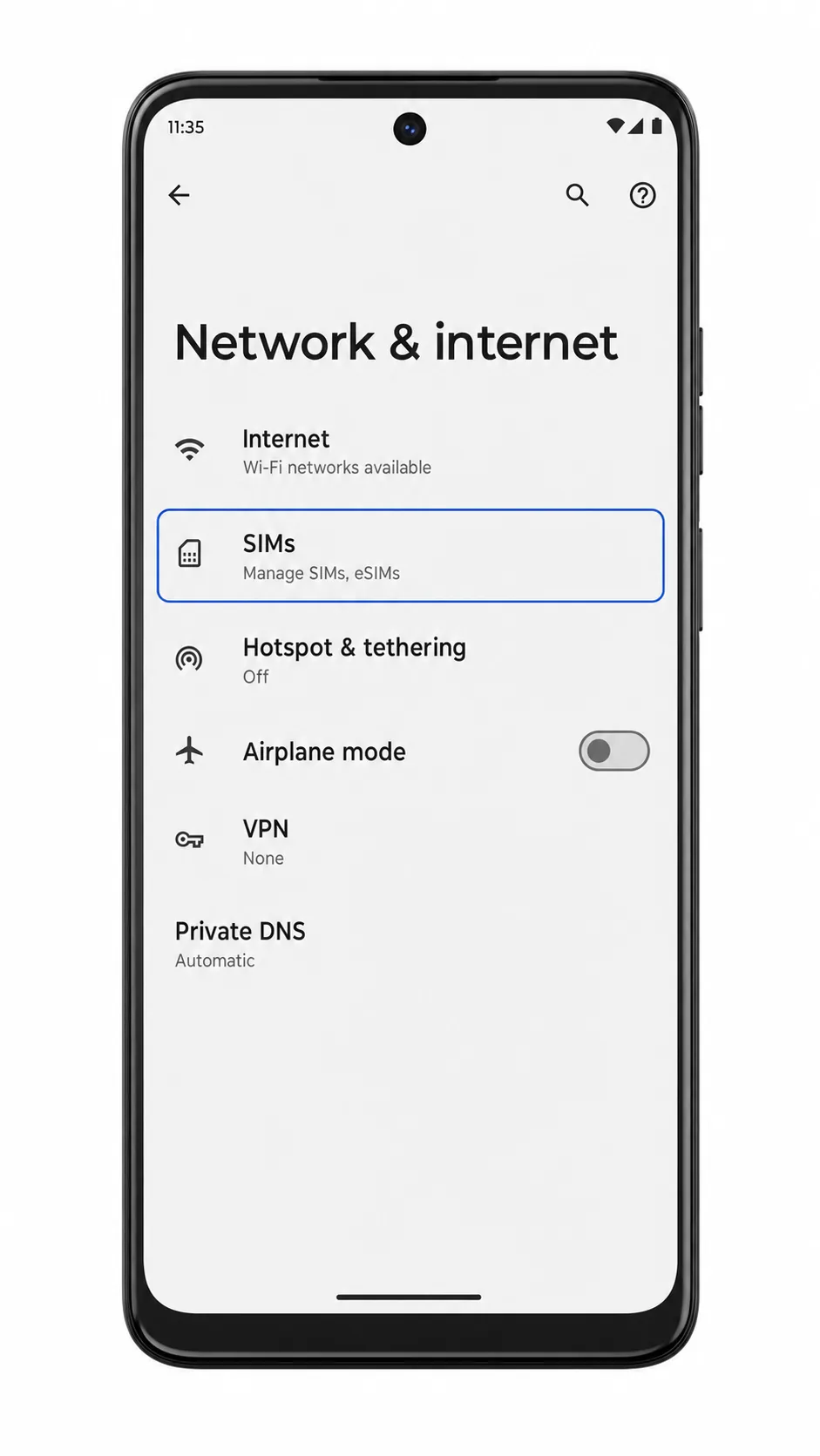 Moto G55 Network and internet screen with SIMs highlighted Moto G55 Network and internet screen with SIMs highlighted