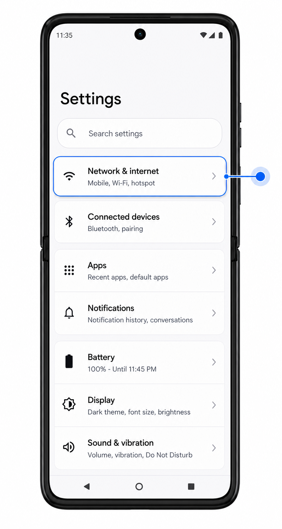 Motorola Razr 40 Step 2: Network & internet highlighted in Settings Motorola Razr 40 Step 2: Network & internet highlighted in Settings