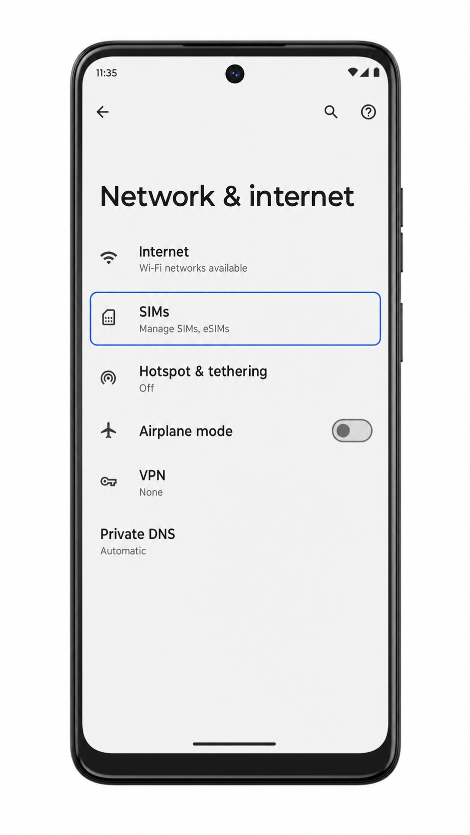 Moto G Power 5G (2024) Network & internet screen with SIMs highlighted