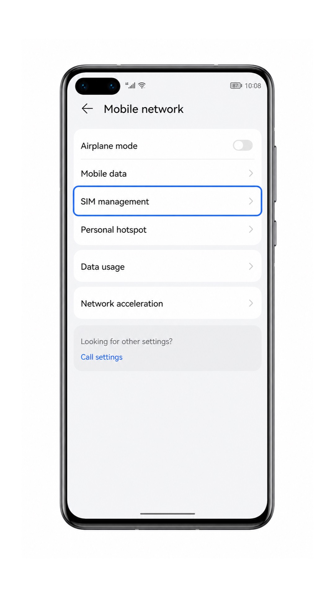 Huawei P40 Mobile network screen with SIM management highlighted Huawei P40 Mobile network screen with SIM management highlighted