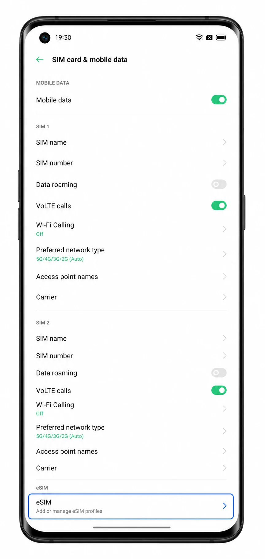 Oppo Find X3 Pro SIM card and mobile data screen showing eSIM highlighted