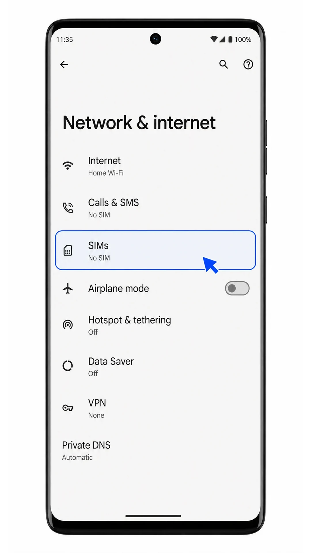 Motorola Edge Step 2: SIMs menu