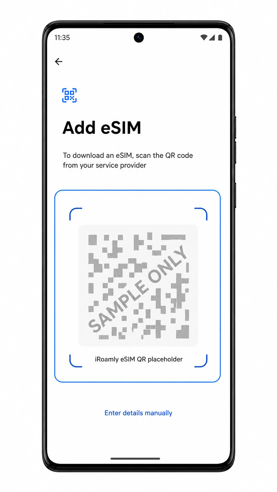 Motorola Edge 40 Pro Add eSIM screen showing QR scan area for iRoamly eSIM