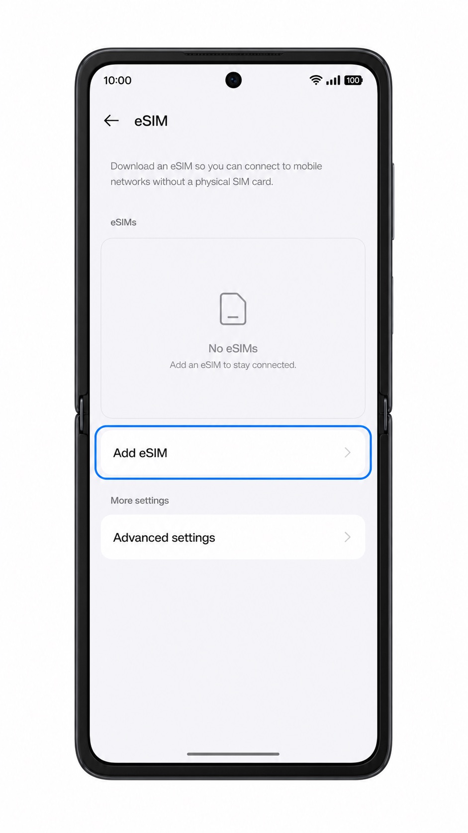 Huawei P40 SIM management screen with Add eSIM highlighted