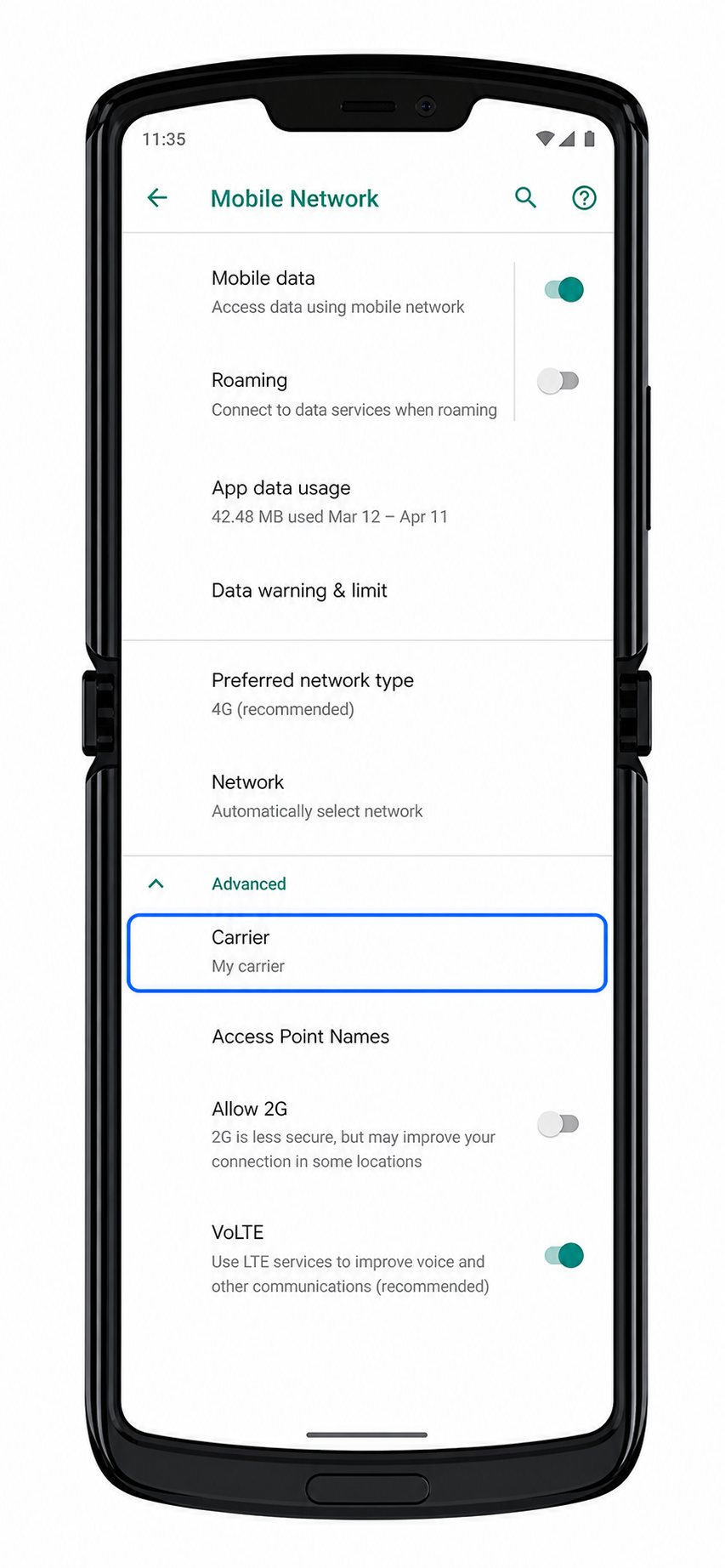 Motorola Razr 2019 Step 3: Carrier option highlighted under Advanced mobile network settings