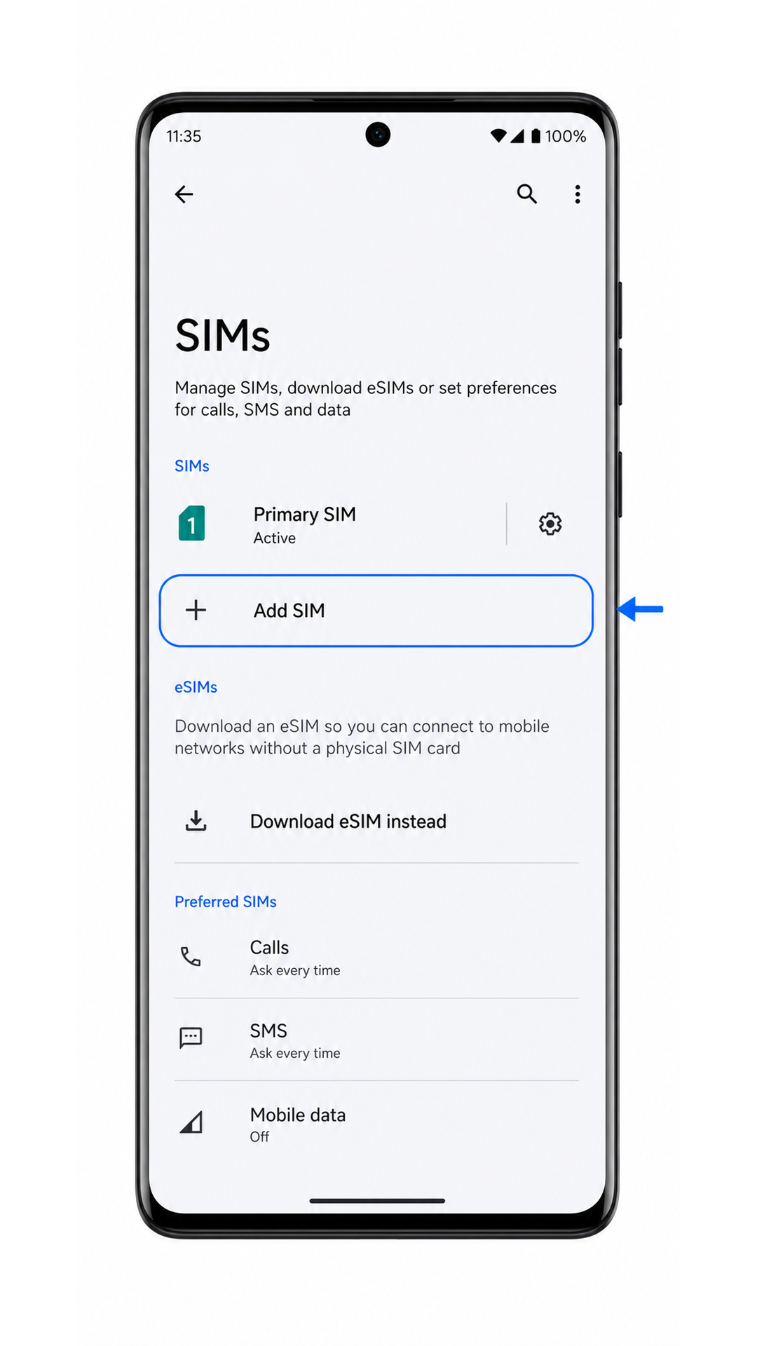 Motorola Edge 40 Neo SIMs screen with Add SIM highlighted for iRoamly eSIM setup
